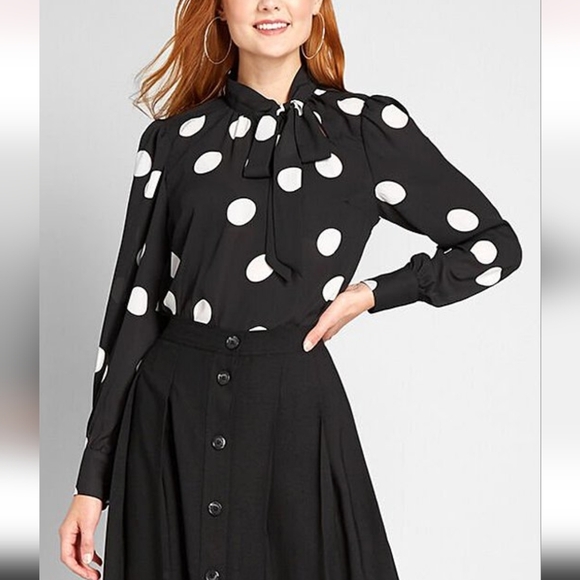 Modcloth Tops - Black Polka Dot Marvel the Masses Tie-Neck Blouse - ModCloth